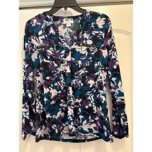 Jaclyn Smith Collection Floral Long Sleeve Blouse Small Teal Purple Zip Detail